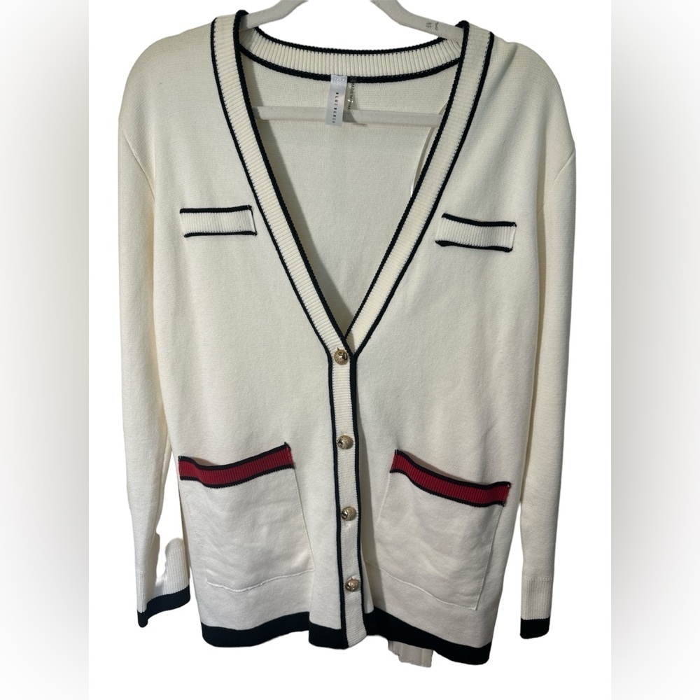 Blue Blush Knit Sweater Long Cardigan Ivory Front Pockets